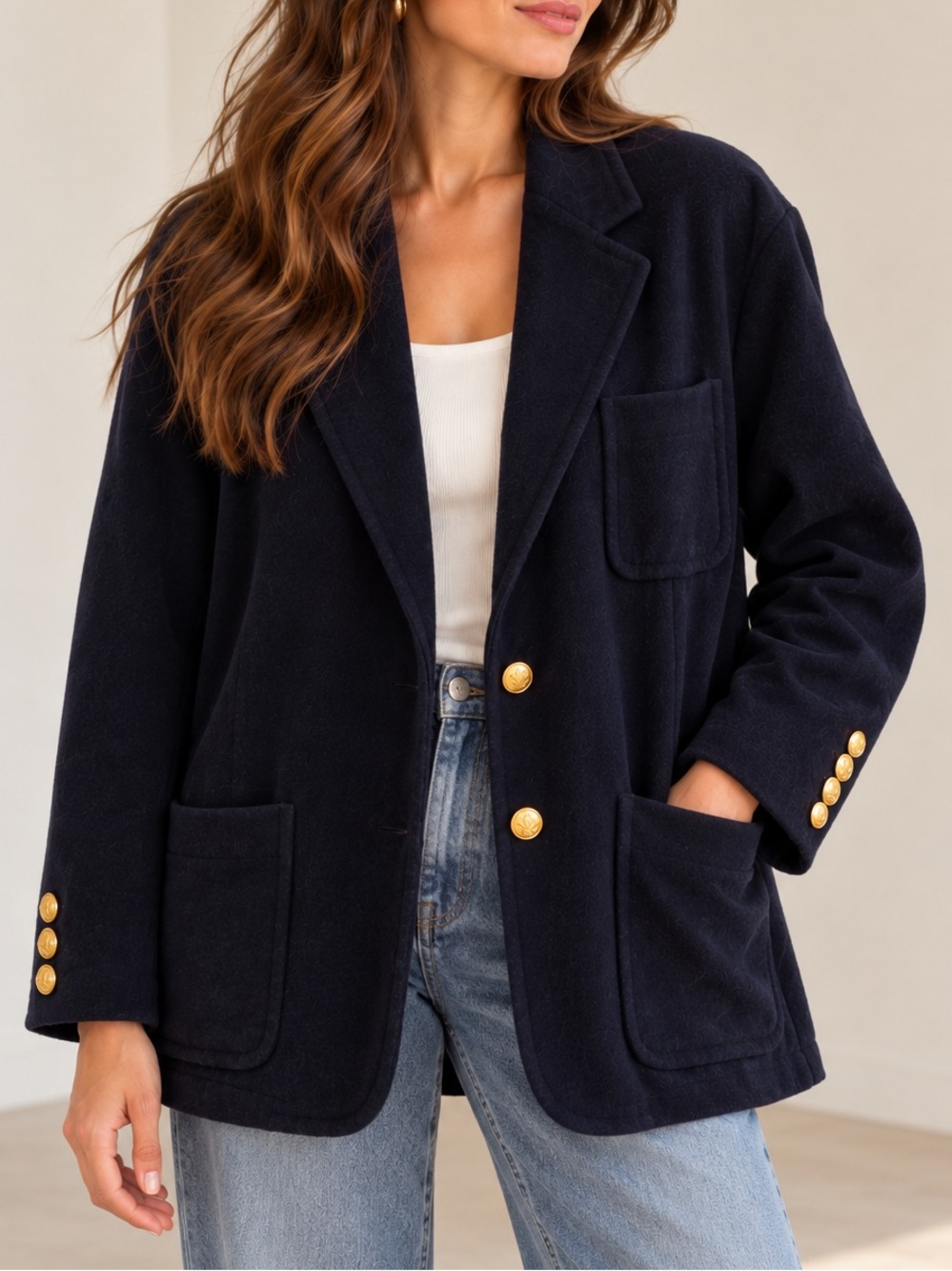 Vintage Ralph Lauren 100% Wool Navy Blazer Gold Crest Buttons Size 10